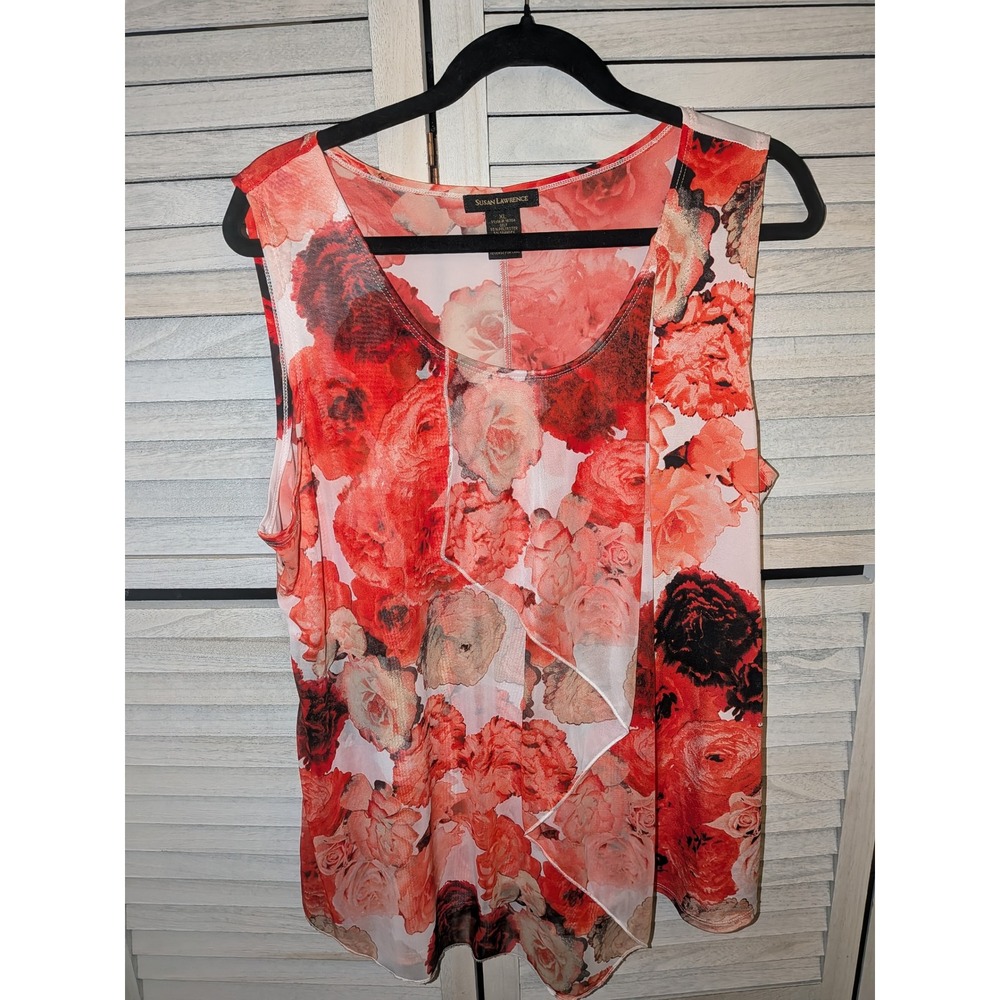 Susan Lawrence Floral‎ Rose Print Ruffle Front Sleeveless Blouse Red Orange XL